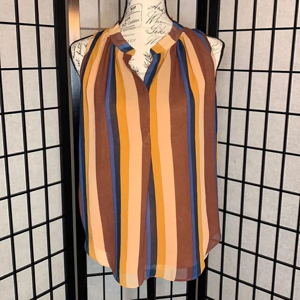 VICI SLEEVELESS STRIPED SILK WOMEN'S TOP SIZE S EARTH TONE